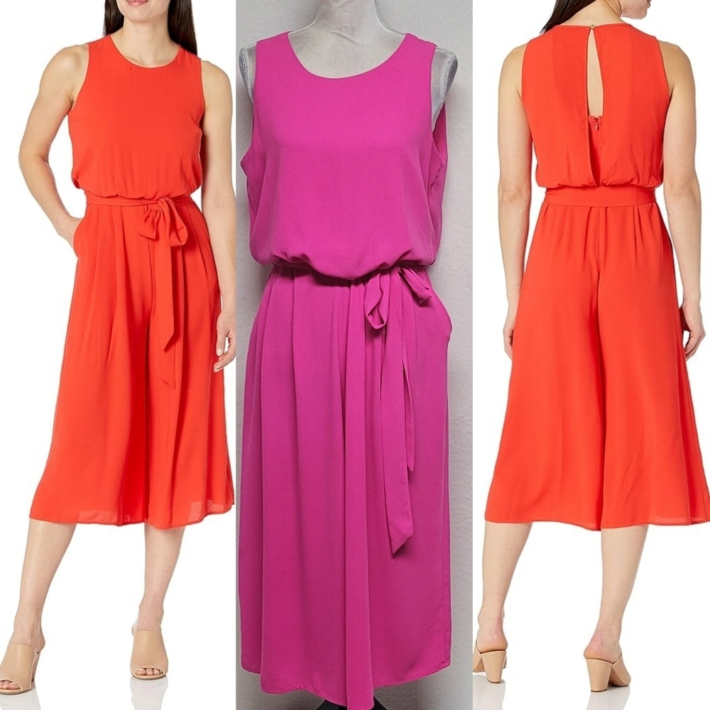Vince Camuto Poppy Pink Sleeveless High Neck Tie Waist Blouson Capri Jumpsuit 10